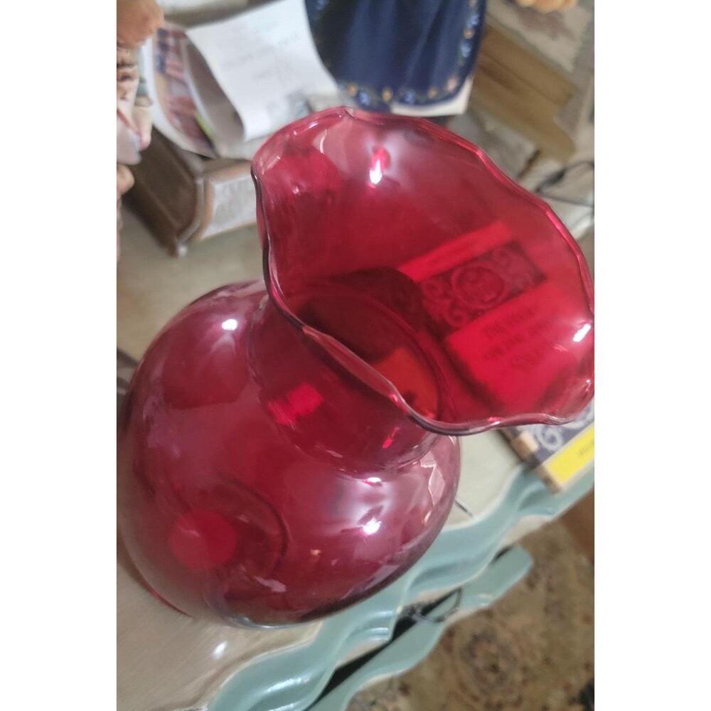 Vtg Ruby Red Indiana Glass flower Vase 11" Trumpet Crimped Ruffled top MCM Mint
